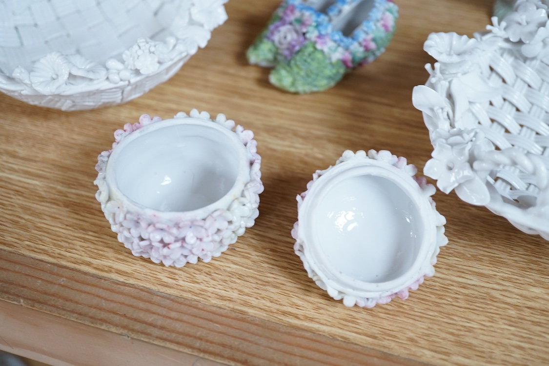 A pair of Worcester 'owl' candle snuffers, Staffordshire Zebra and two sheep, Belleek etc zebra 19cm wide.